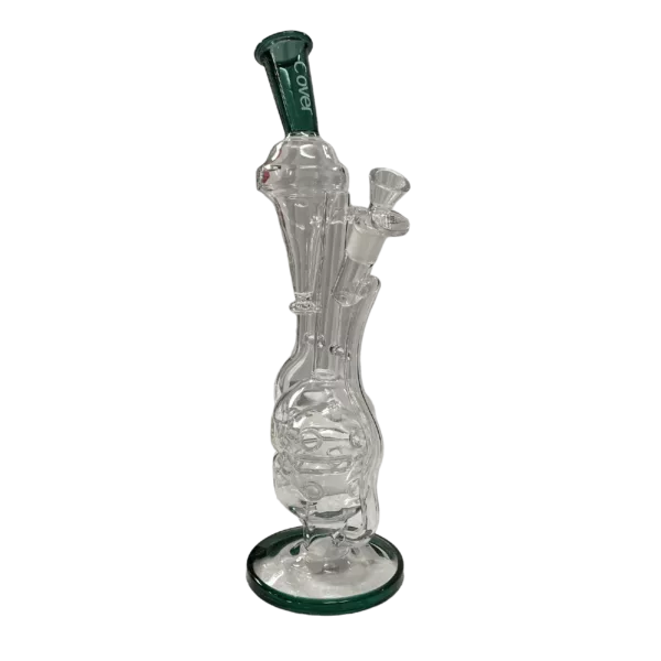 Handmade glass pipe with polished finish, curved stem, and cylindrical base. Comes with wooden stand. Green background.