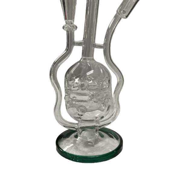 Clear glass bong with green stem, 3 small holes for optimal smoke diffusion.