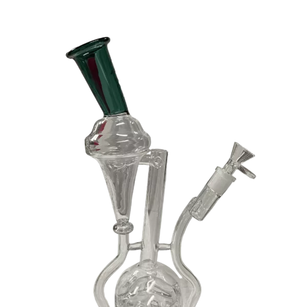 Clear glass body, dark colored base and teardrop mouthpiece, long curved neck, tapered body, thin stem with small circular base.