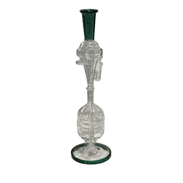 Clear glass bong with cylindrical shape and small circular base.