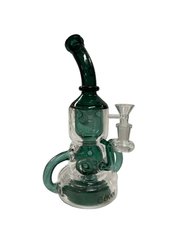 Glass bong with water reservoir, long tube, large downstem mouthpiece, adjustable joint, and circular bowl with attached stem.