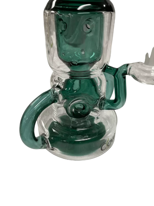 Glass pipe with clear plastic handle and transparent blue stem, featuring a small hole for comfortable grip and a ring around the middle.