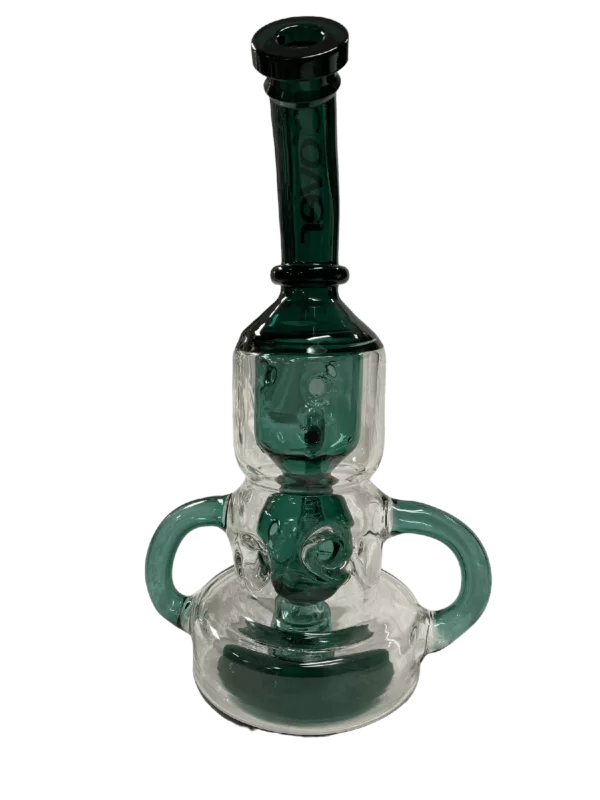 Clear glass water pipe with green handle and small mouthpiece. Empty and no visible features.
