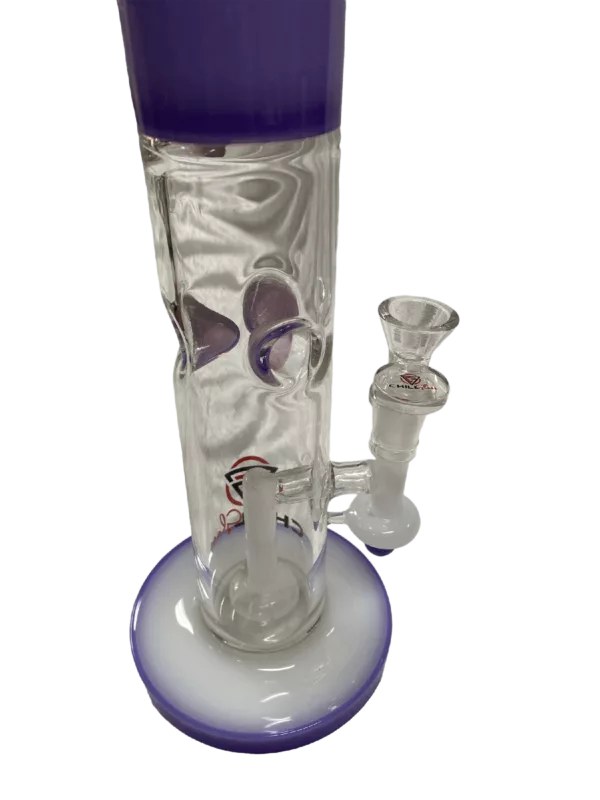 A functional glass bong with a purple base and clear tube, featuring a small hole at the top for smoke insertion.