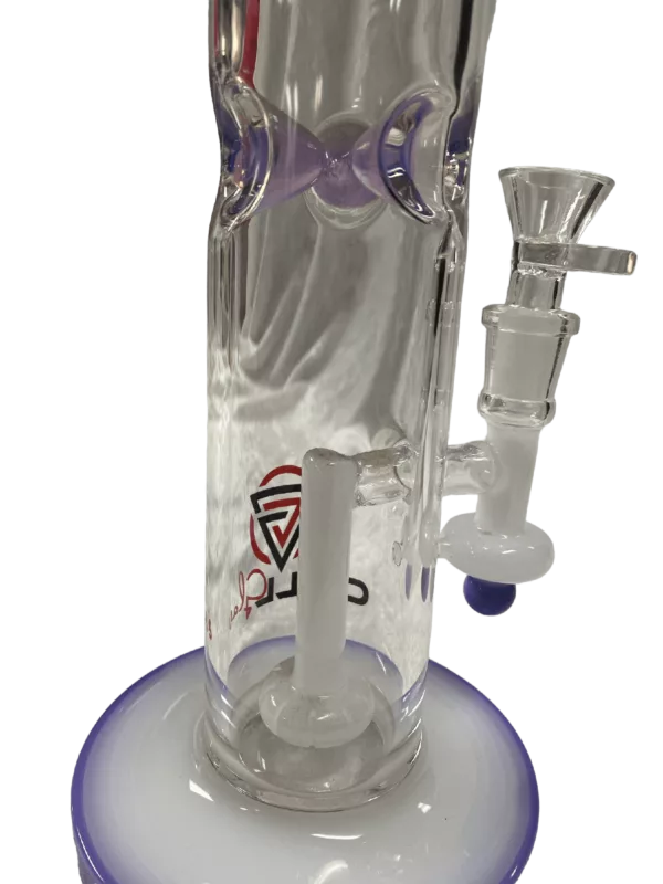 Clear glass bong with blue and purple bases, available at smoking company website.