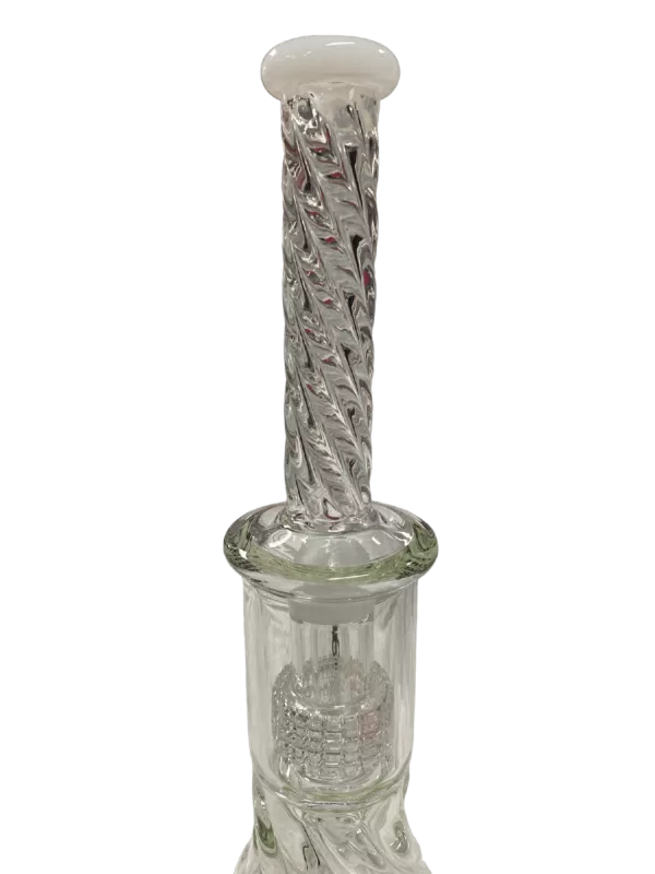 The Twist Water Pipe features a clear glass base with silver accents and a twisted stem for a unique smoking experience.