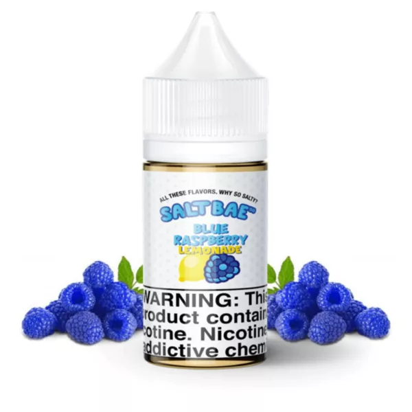 Clear blueberry e-liquid with 'Sweet Raspberry' label, surrounded by blueberries on white background.