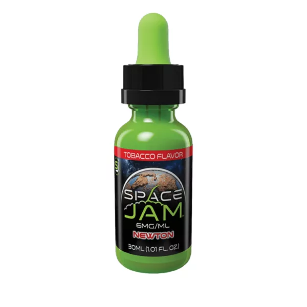 Newton 15ml e-liquid, Space Jam edition. Clear bottle with green cap and label featuring a cartoon space alien graphic and 'Space Jam' text in white and black. Available now on our website.