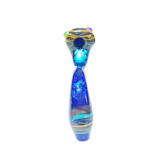 Handcrafted pipe with blue & yellow swirl design, gold stem & bowl, perfect for smoking.