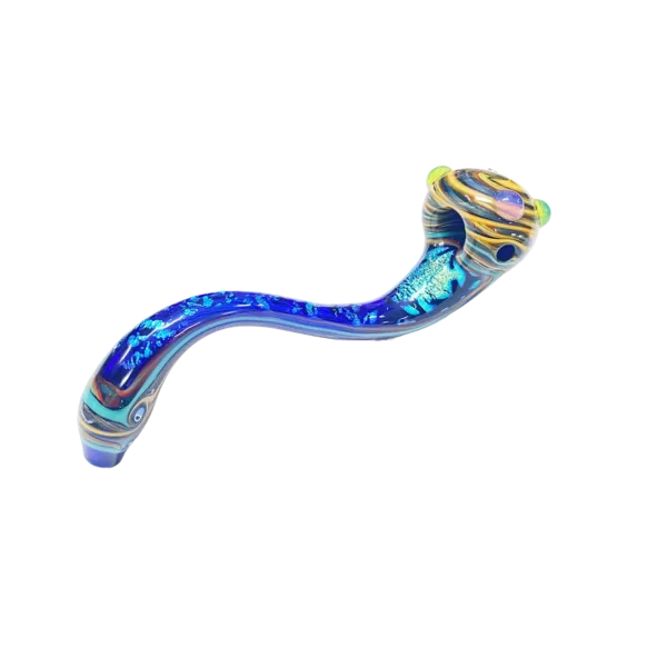 unique and colorful glass pipe with a spiral design on the shaft. It has a curved shape and is made of glass, with a small bowl on one end and a larger bowl on the other. The bowls are connected by a curved stem with a small knob on the end. The pipe is standing on a white background.