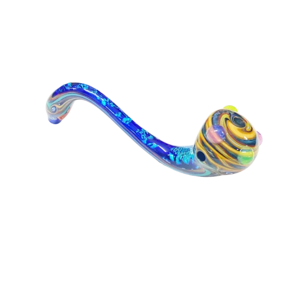 Glass pipe with blue/yellow swirled design on body, clear stem, round bowl/mouthpiece. Sleek/modern appearance.