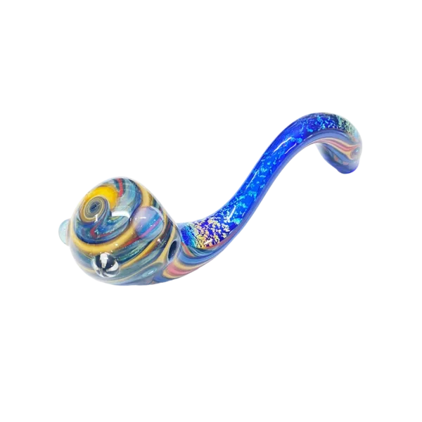 Swirling blue glass pipe with a rat's head mouthpiece, part of the LAB RAT collection. Hypnotizing Dichroic Sherlock design.