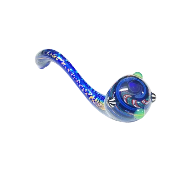 Unique blue & purple glass pipe with green accents & tiger head handle. Smooth body, tapered end & eye-catching design.