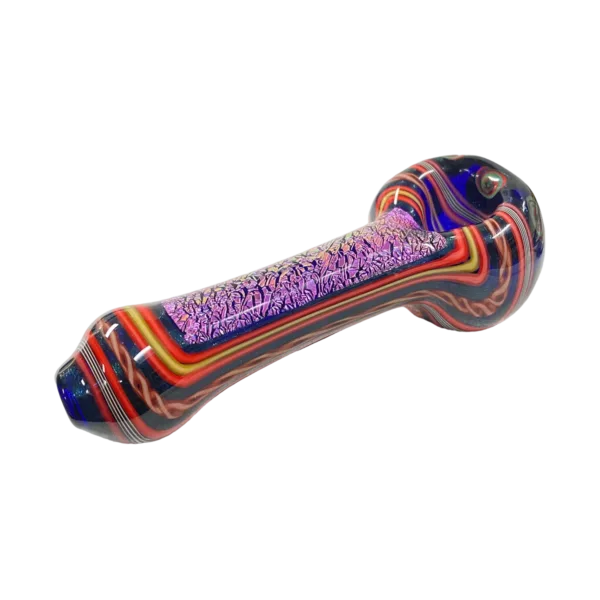 Vibrant, psychedelic glass spoon with long handle and wide bowl. Multicolored stripes in red, orange, yellow, green, blue, and purple.