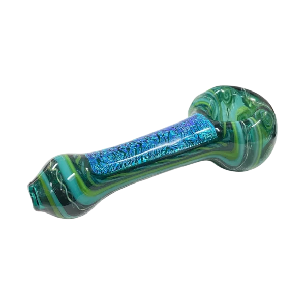 Shiny, metallic green and blue dichroic glass spoon with swirled marbled handle and body, available on smoking company website.