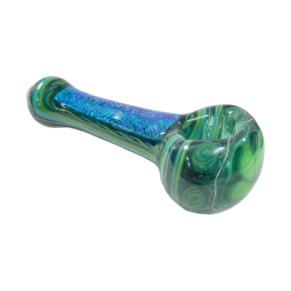 Unique green and blue swirl dichroic spoon pipe in spoon shape, held by a person.