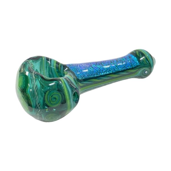 Colorful green and blue swirl glass pipe with intricate design and silver base. Perfect for smoking enthusiasts.