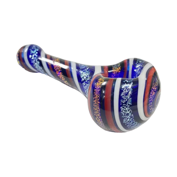 Blue, red, and white striped pipe with white bowl on white background. Big Swirl Dichroic Spoon.