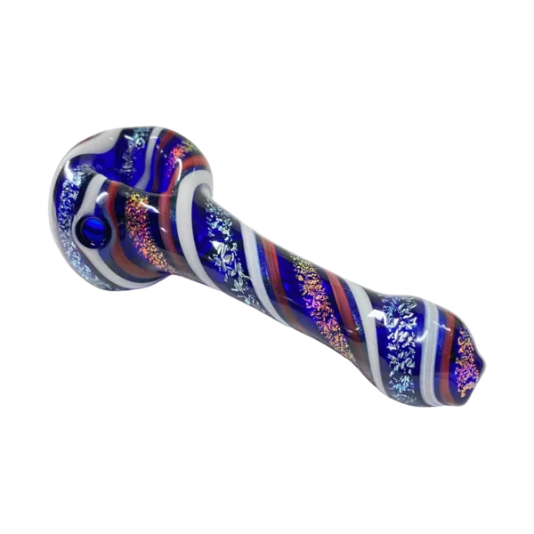 Shimmering blue and purple swirl glass pipe with silver base and clear mouthpiece. Intricate designs add to its unique charm.