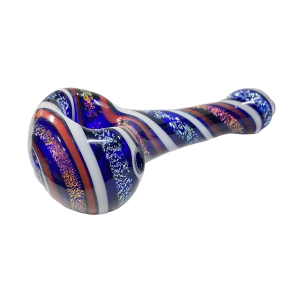 Colorful dichroic spoon with blue and red swirls on bowl and stem. Bright and eye-catching design.