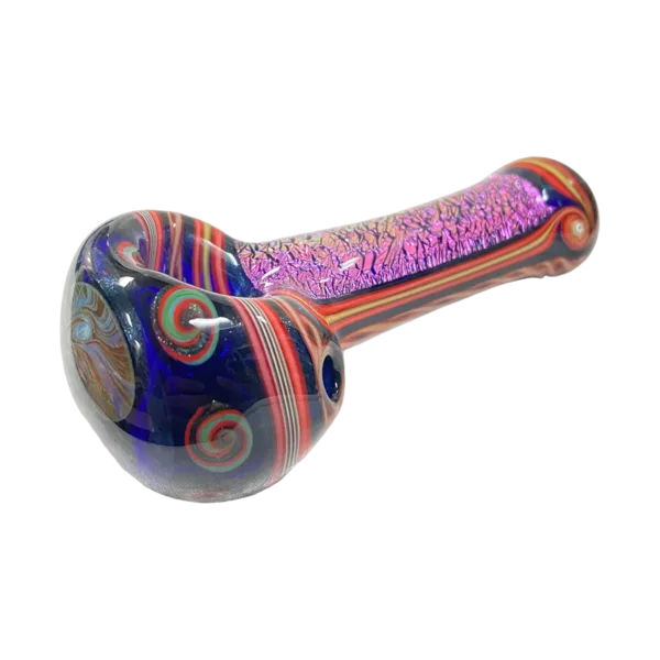 Stylish, modern glass pipe with blue/purple swirl design and elongated bowls connected by a cylindrical shaft.
