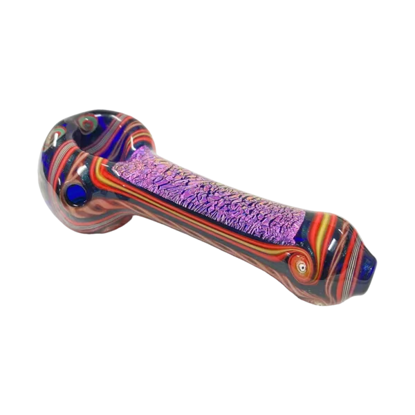 Colorful, abstract glass pipe with curved shape and decorative design featuring stripes, dots, and swirls.
