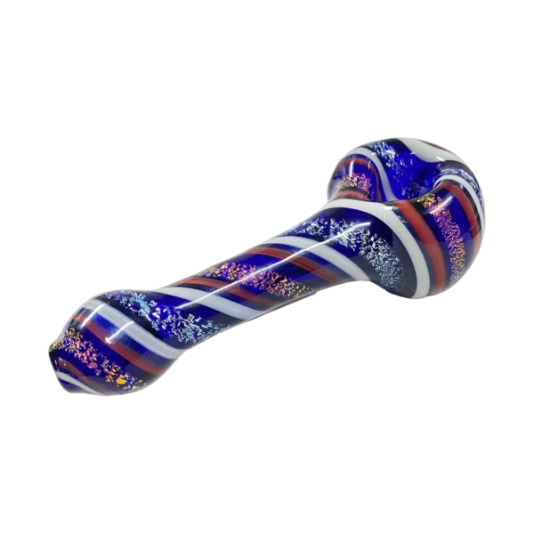 Eye-catching glass pipe with blue, red, and white interconnected circle design, small bowl and metal stem with knob.