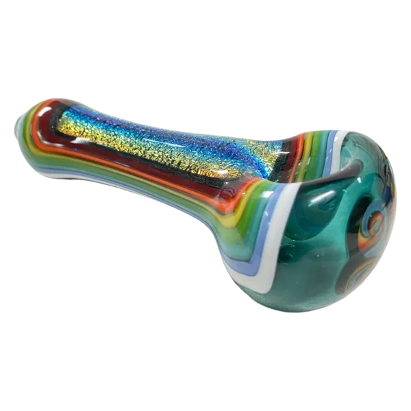 Handcrafted glass spoon with rainbow dichroic swirls on handle and stem. Transparent handle, slightly curved stem, white background.