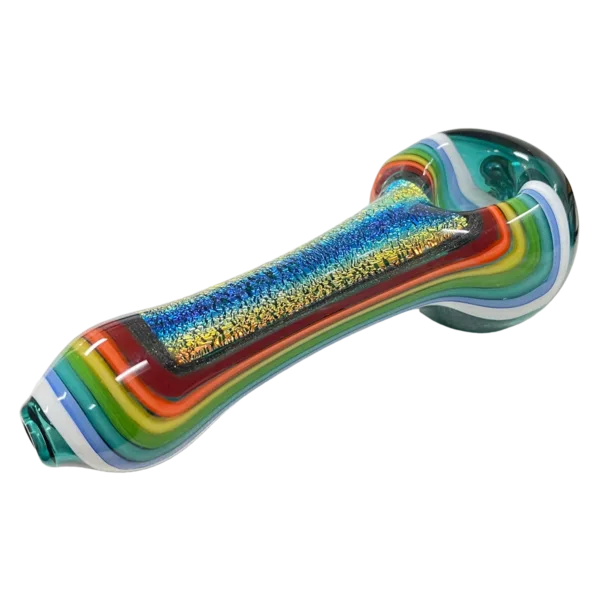 Multicolored glass smoking pipe with clear handle and rainbow-colored bowl in shades of pink, blue, green, orange, and yellow.