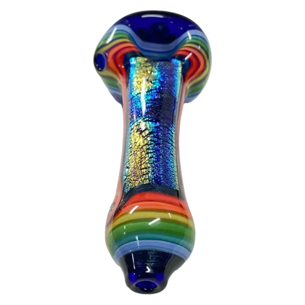 Colorful, swirling glass pipe with intricate design. Features bright and vibrant colors including blue, green, yellow, orange, and purple. Perfect for smoking enthusiasts.