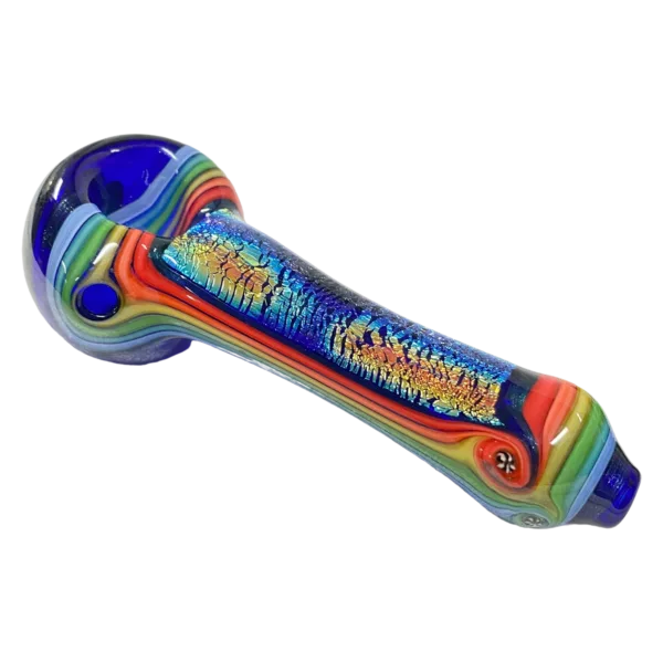 colorful glass pipe with a rainbow design made up of different colors arranged in a gradient pattern. It has a small bowl and stem, and great addition to any smoking setup.