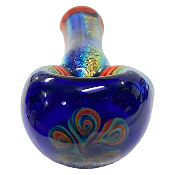 Colorful abstract glass pipe, LAB RAT, with blue background and swirling patterns in red, green, and yellow.