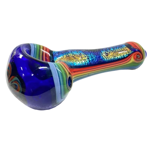 Rainbow-colored dichroic spoon with a curved bowl and handle made of transparent glass that changes color with angle. Available on smoking company website.