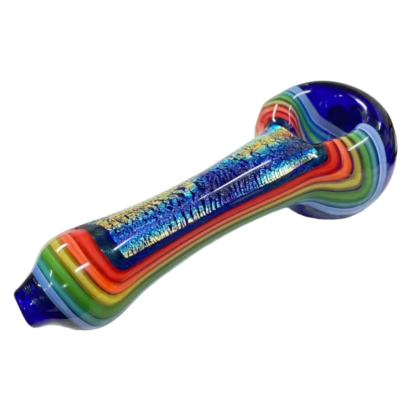 Unique, eye-catching rainbow-colored dichroic glass spoon pipe with a bright, shiny appearance, shaped like a spoon.