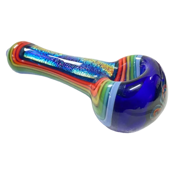 Rainbow Dichroic Spoon with blue handle and clear bowl. Unique, colorful design on a white background.