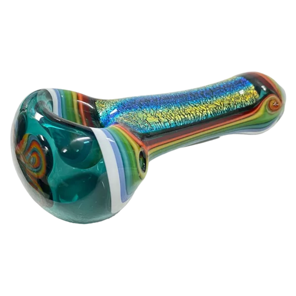 Curved glass pipe with colorful, swirling design of blue, green, and purple. Features small bowl and stem with clear glass and small knob.