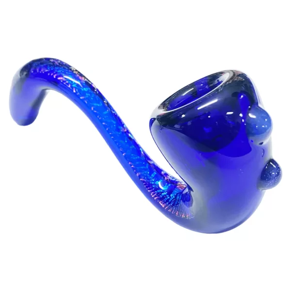 Hand-blown glass Sherlock Holmes pipe with blue and purple swirls, decorated with a rat figurine on the stem.