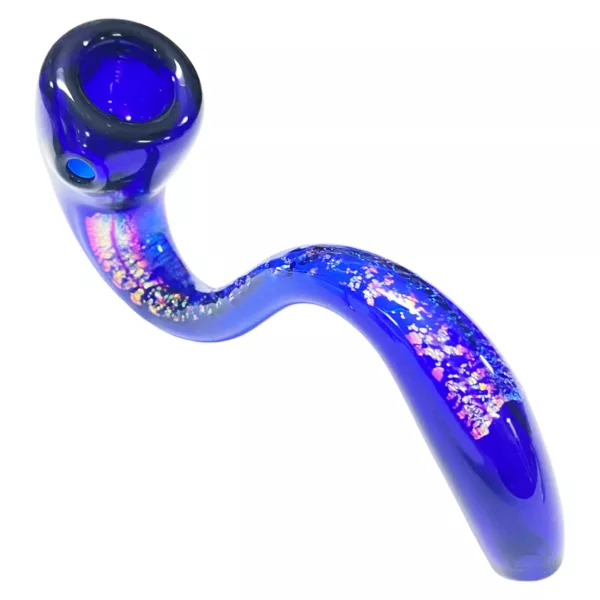 Handmade glass pipe with blue/purple coating, curved shape, flared bowl, twisted stem, and intricate designs. Perfect for adding unique flair to your smoking experience.