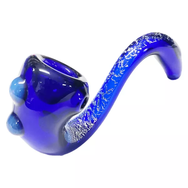 Handmade blue glass pipe with clear base and curved mouthpiece. Decorated with white dichroic designs, including a large rat, in blue and white glass. From Smoking Company's LAB RAT - Big Sherlock collection.