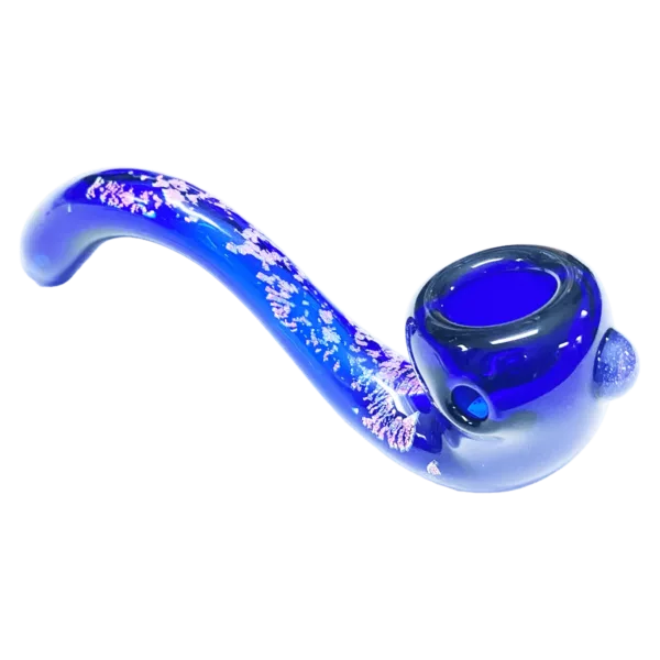 Unique blue glass pipe with spiral bowl design and long curved shank. Clear bowl with swirling patterns.