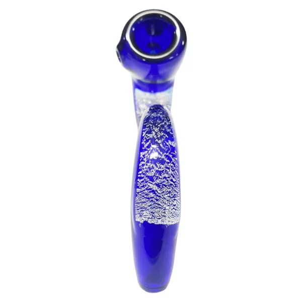 Close-up of blue and silver glass pipe with curved bowl and long stem. Smoke visible. Transparent glass, polished stem. Lit from top, white background.