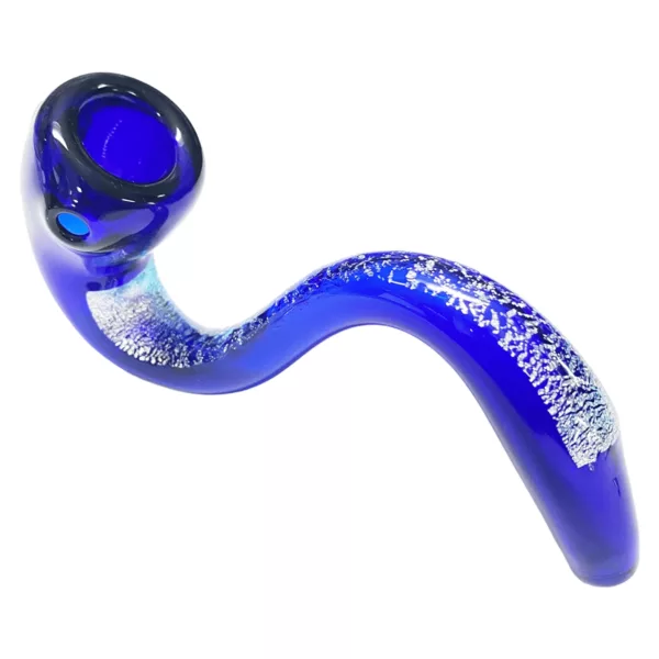 Blue glass pipe with swirling pattern and bent shape. Made of LAB RAT - Big Sherlock Dichroic. Suitable for smoking.