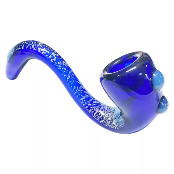 Handmade art glass pipe with blue and white swirl pattern, 25cm long and 7cm diameter, displayed on white background.