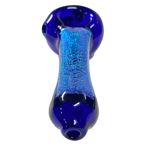 A blue glass bong with a spiral design on the outside, made of smooth glass and with a small water drain hole at the base.