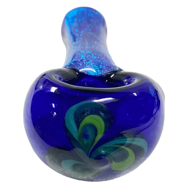 Dichroic Spoon glass pipe with peacock design in blue, green, and yellow colors.