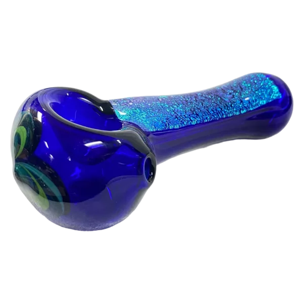 Swirling blue and purple glass pipe with small bowl and hole. LAB RAT Dichroic Spoon design on white background.