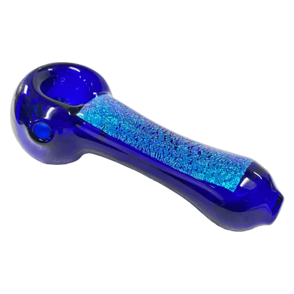 A blue glass pipe with a spiral design, likely used for smoking, sold as LAB RAT Dichroic Spoon on a smoking company website.