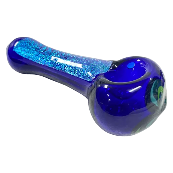 Handcrafted blue glass smoking pipe with heart-shaped spoon and intricate ring. Long and curved design with artistic etchings.