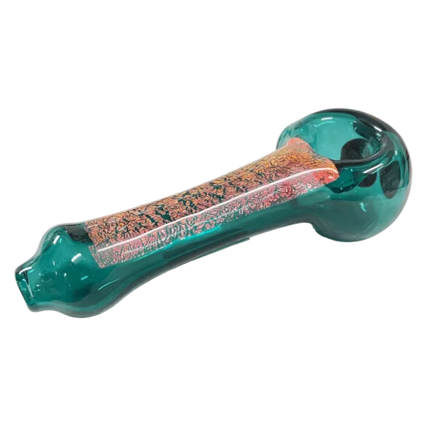 Long blue glass pipe with bright orange, translucent dichroic spoon on end for smoking.