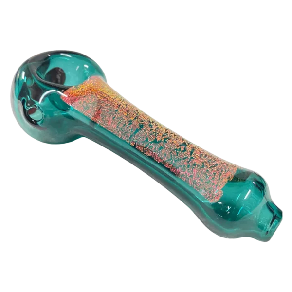 Turquoise & green dichroic spoon with curved handle, designed to look like a spoon for smoking.